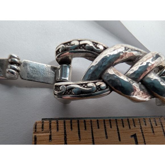 Brighton Silver Tone Interlocking Curb Chain Bracelet Hammered Engraved Box - Picture 10 of 12